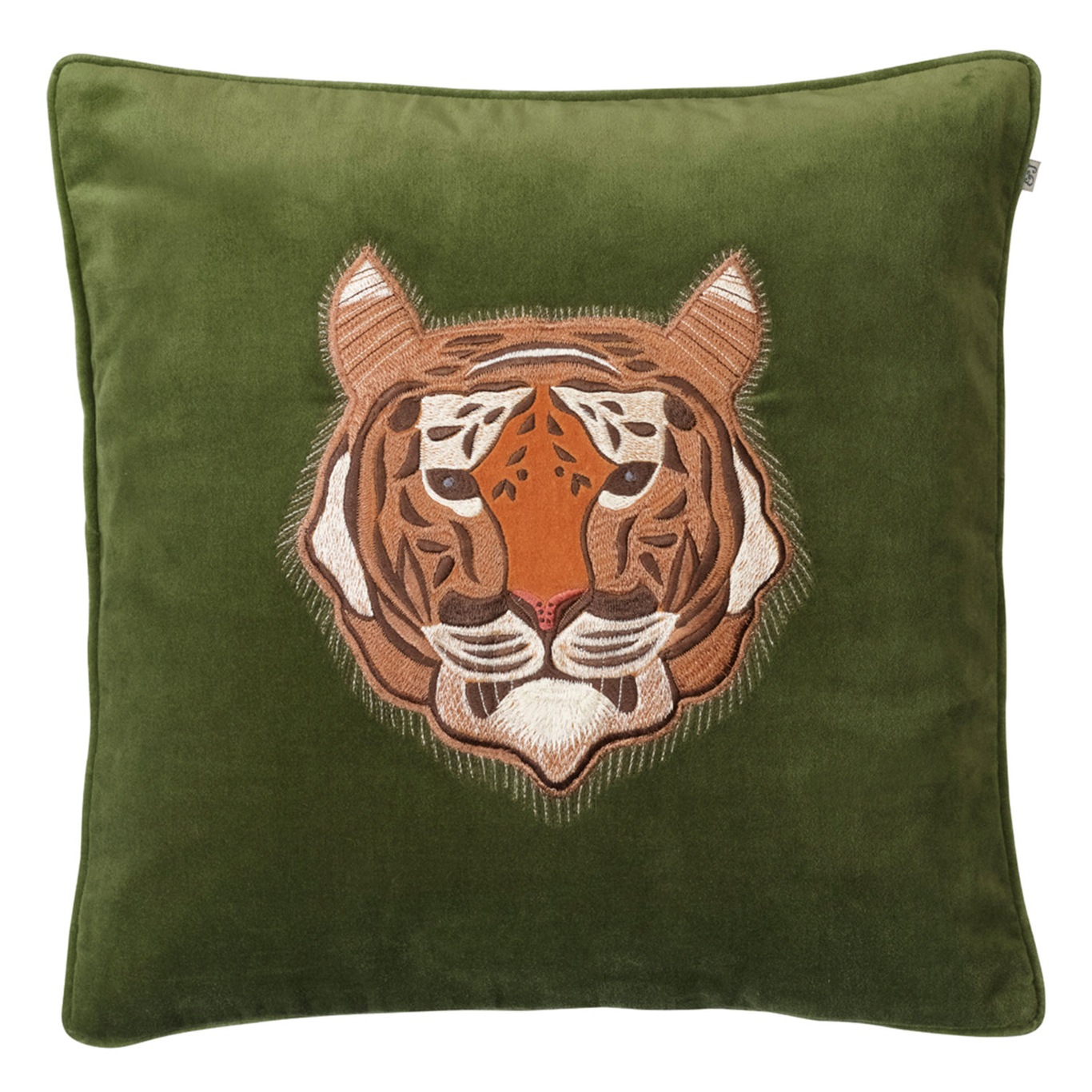 Embroidered Tiger Velvet Putetrekk 50x50 cm, Cactus Green