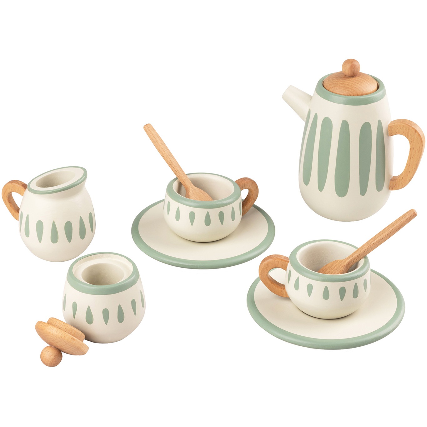 Tea set, wooden, classic white/sage, FSC™ 100%
